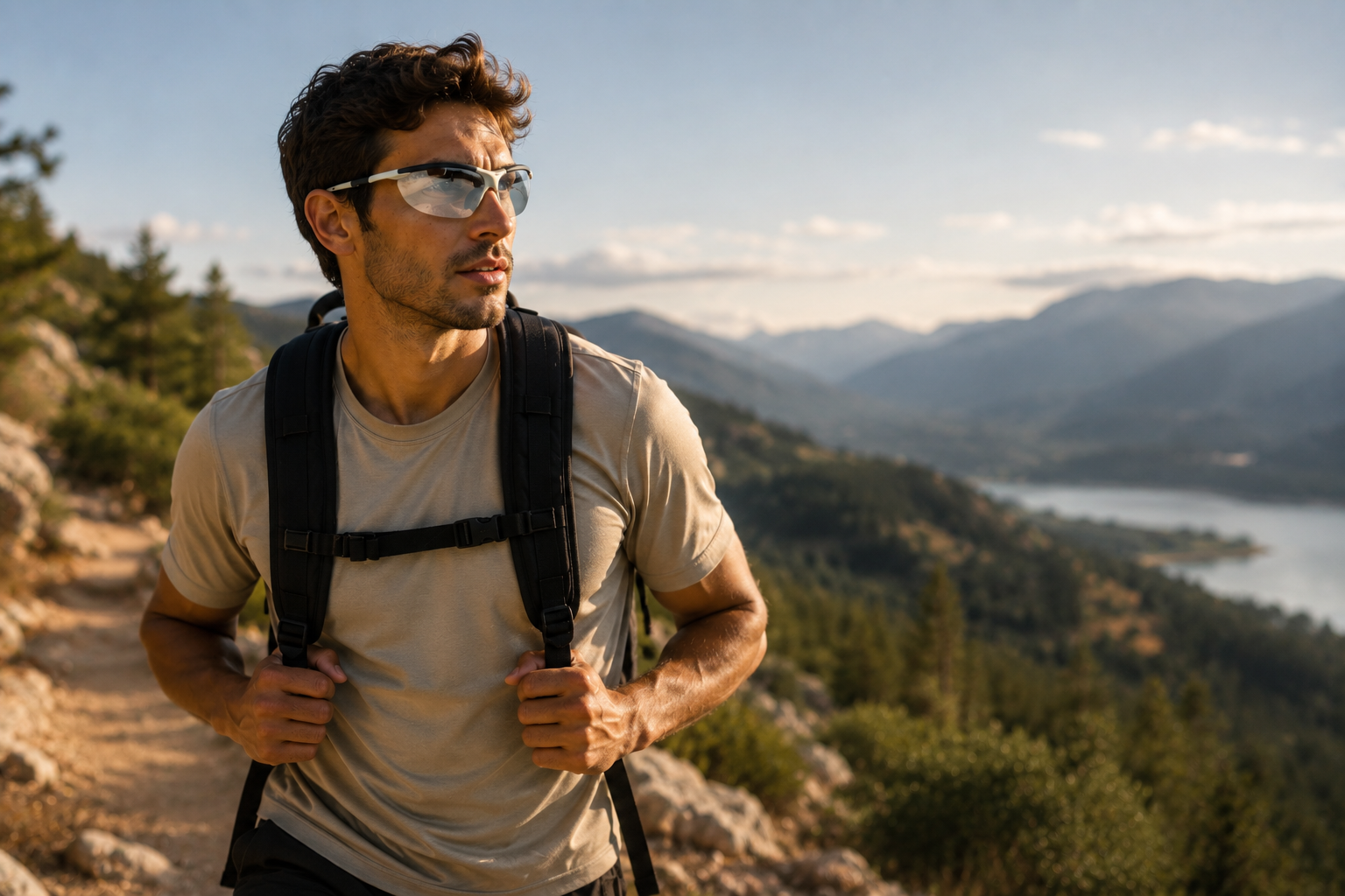 Hiker in the mountains wearing Thomas Rhodes performance eyewear