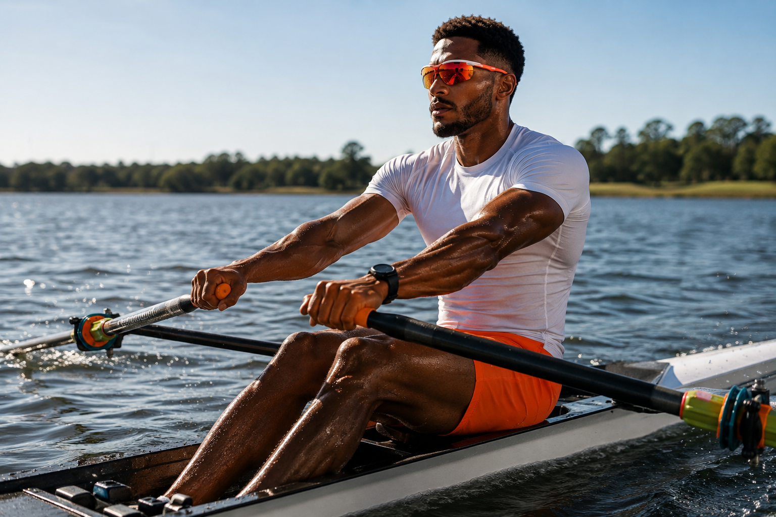 Rower on open water wearing Thomas Rhodes performance eyewear