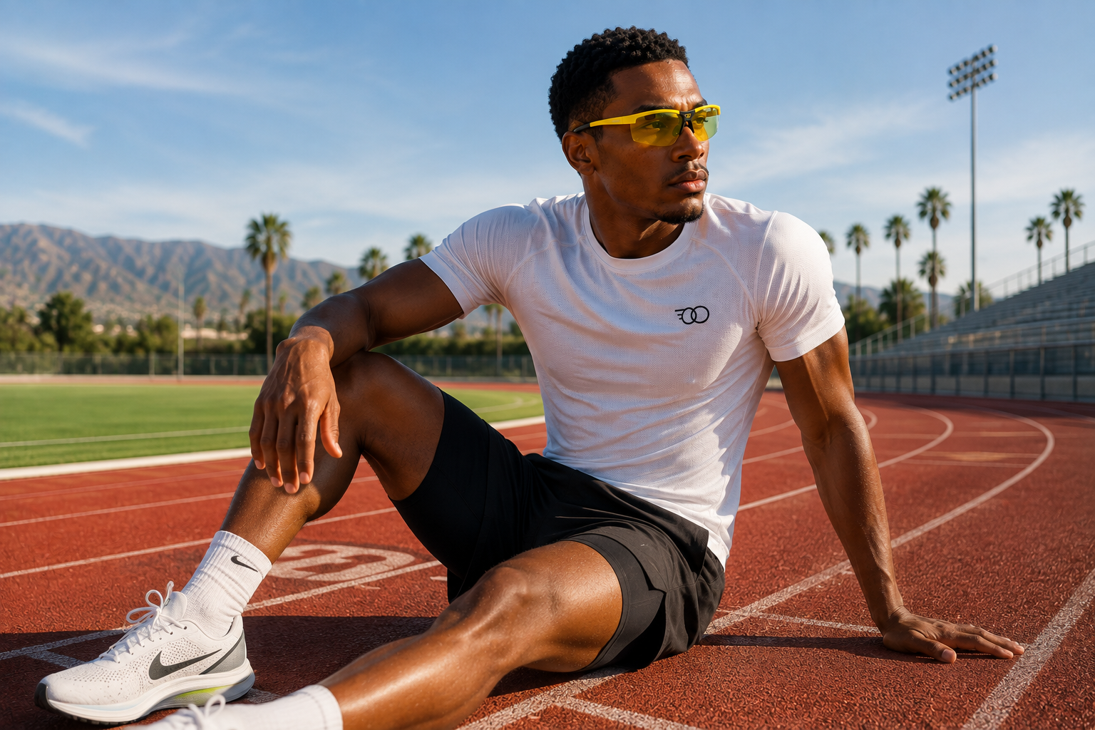 Athlete on the track wearing Thomas Rhodes performance eyewear